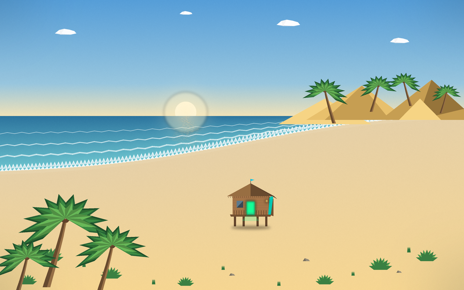 Low poly tropical cove at sunset with a stilt surf shack