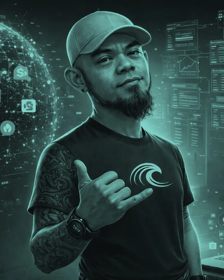Mikhail Neri in a cap and a T shirt with a wave logo, in front of screens of code, drawn in graphite and teal.
